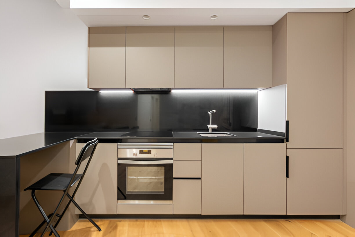 Cooking area design with furniture and appliances in flat