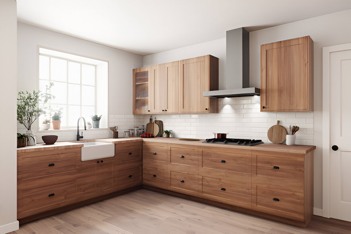 This stylish kitchen features wooden cabinets and modern appliances, creating a bright, inviting space for cooking