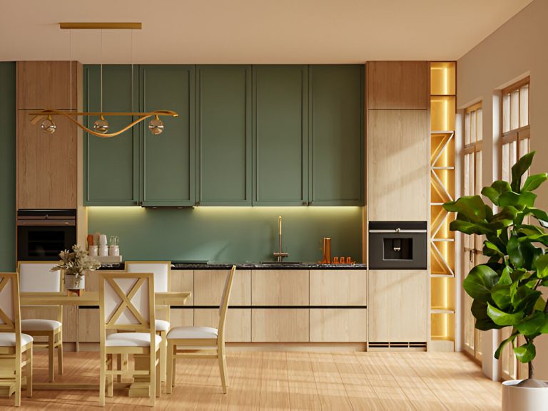 Contemporary kitchen interior featuring green upper cabinets, light wooden lower cabinets, built-in appliances,