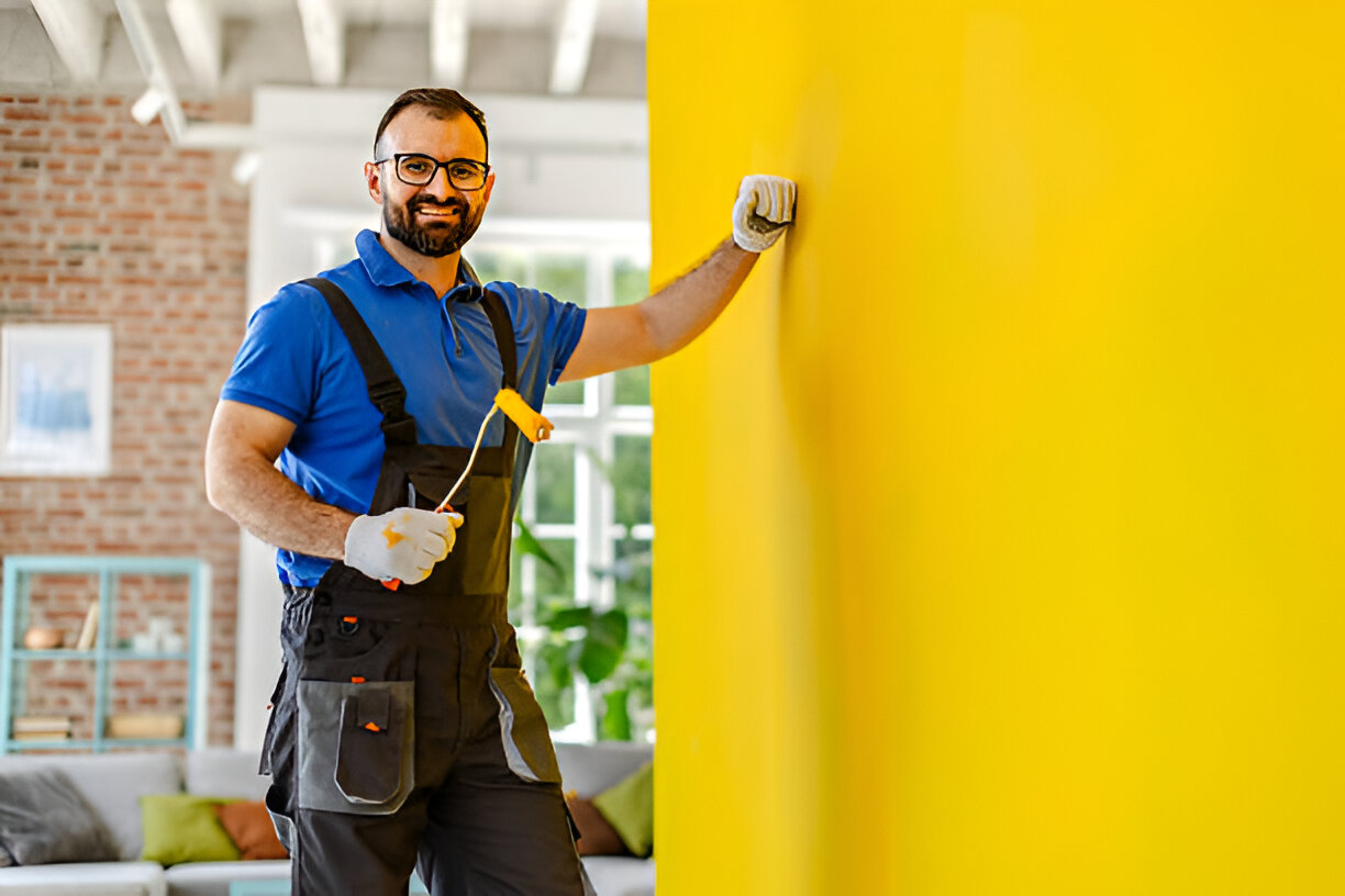 House painter applying vibrant yellow paint to interior wall in modern