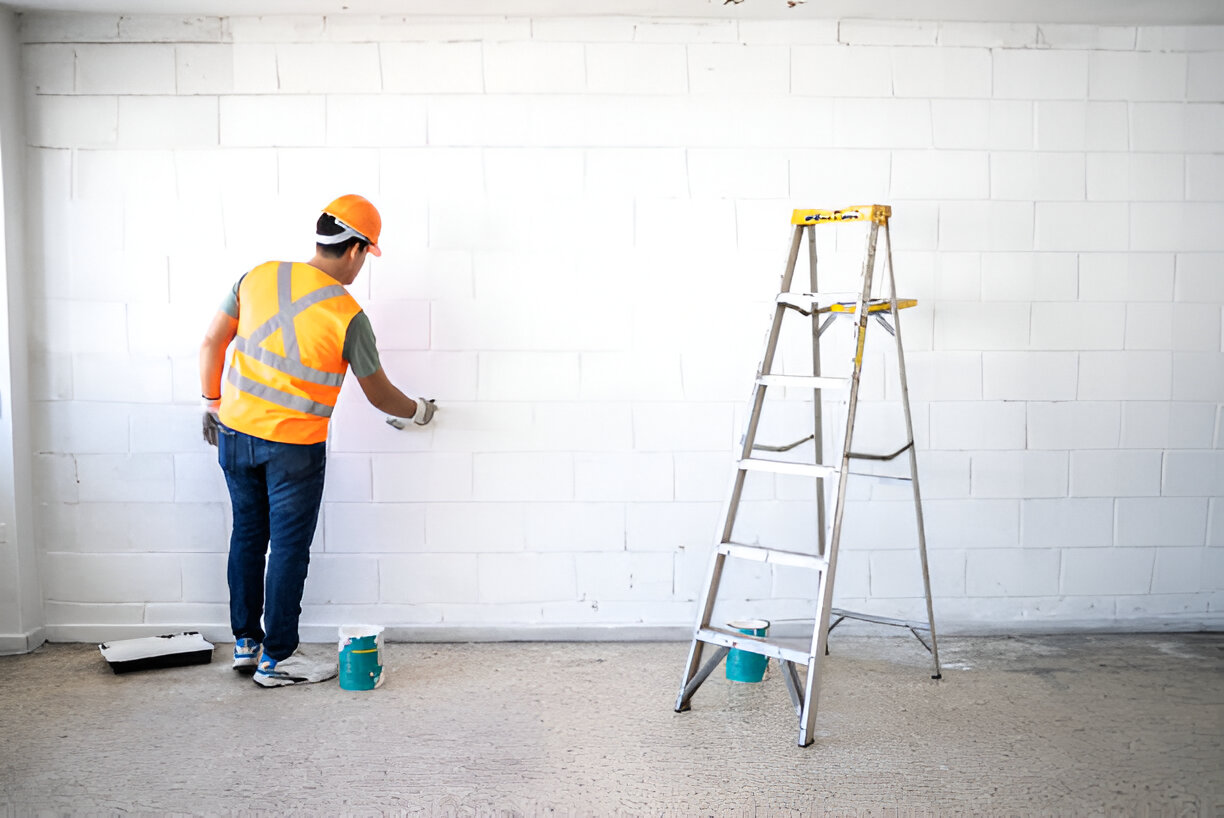Young painter - construction worker painting a wall indoors