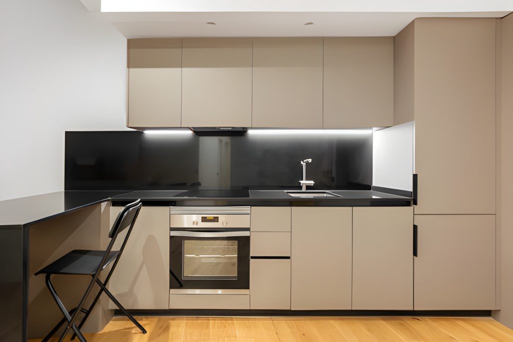 Cooking area design with furniture and appliances in flat