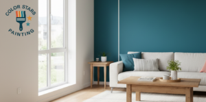 A brightly lit living room showing the transition between a neutral wall and a bold accent wall