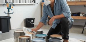 Painter comparing colors near paint cans.