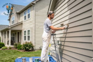 Painter using brush on beige house siding.
