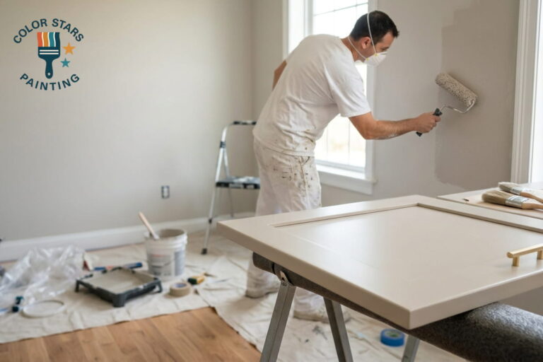Painter using roller on interior wall.