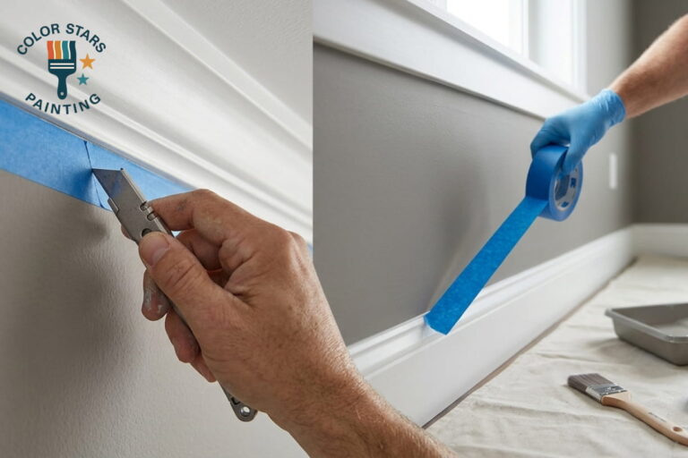Painter applying blue tape to wall trim.