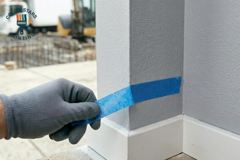 Painter using paint sprayer on interior wall.