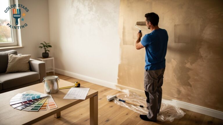 Homeowner painting a living room with paint cost sheet realistic interior photog Homeowner painting a living room with paint cost sheet realistic interior photog