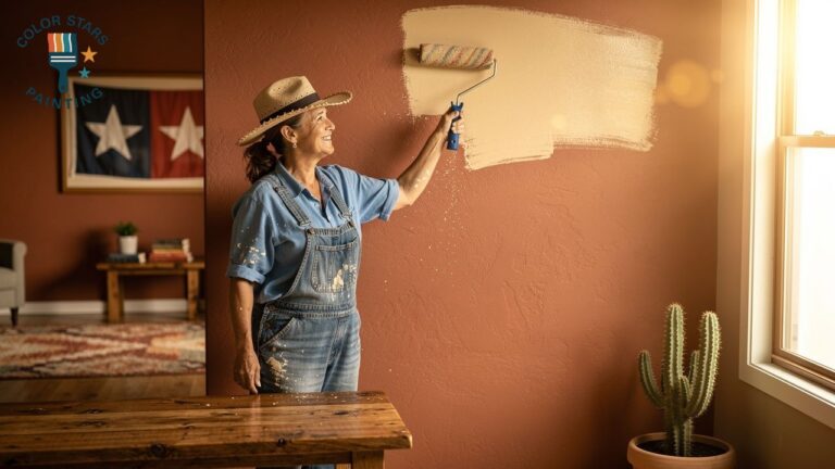 Woman painting a fresh terracotta wall in a sunlit Texas ranch living room with Woman painting a fresh terracotta wall in a sunlit Texas ranch living room with