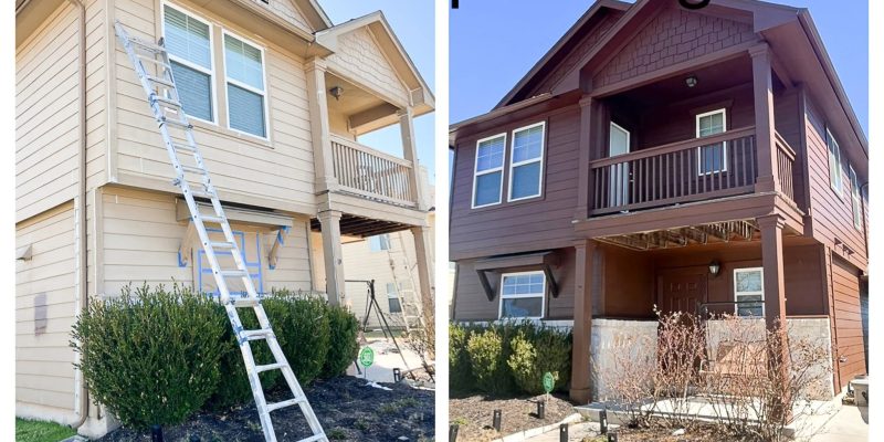 Before and after exterior house painting on upper walls and trim