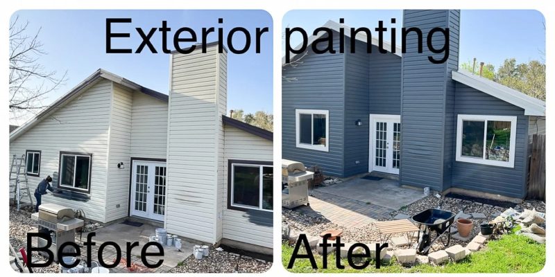 Before and after exterior house painting with dark blue finish
